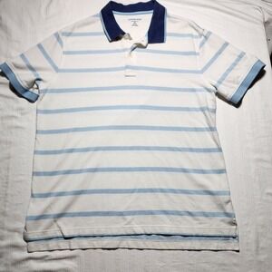 Lands End Shirt Mens XL White Blue Striped Short Sleeve Traditional Fit Polo